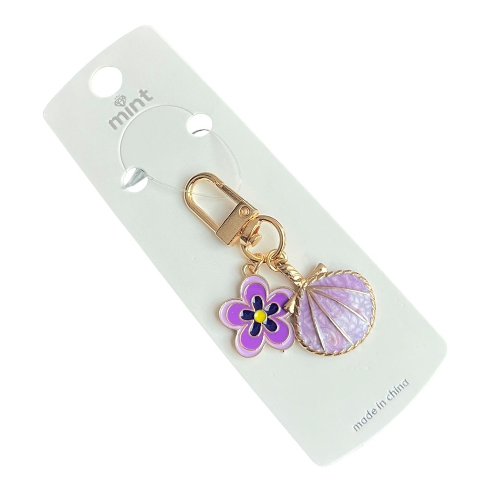 mint Women's Gold Purple Flower Seashell Key Chain Charm 2.5" Metal